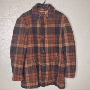 Pendleton Plaid Wool Pea Coat in Brown and Tan. Wool